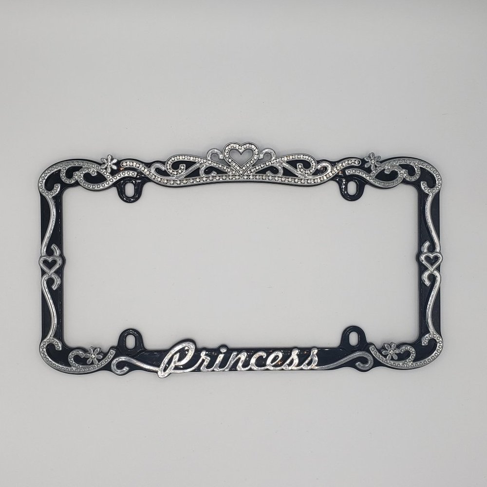 Classic Frame Princess Heart Black Metal License Plate Frame - Bling Crystal In